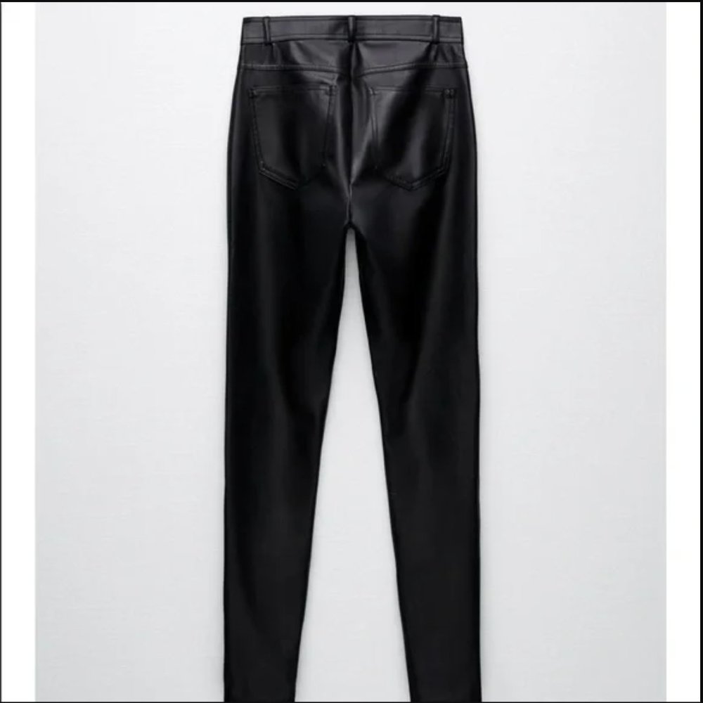 Zara Made in Turkey High Rise Ankle Zippers Black Faux Leather Slim Jeans wmns S - Picture 5 of 17